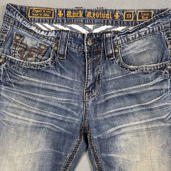 ROCK REVIVAL LUCIO 33 BOOT EMBROIDERED WHISKERING THICK STITCH JEANS - Picture 5 of 10